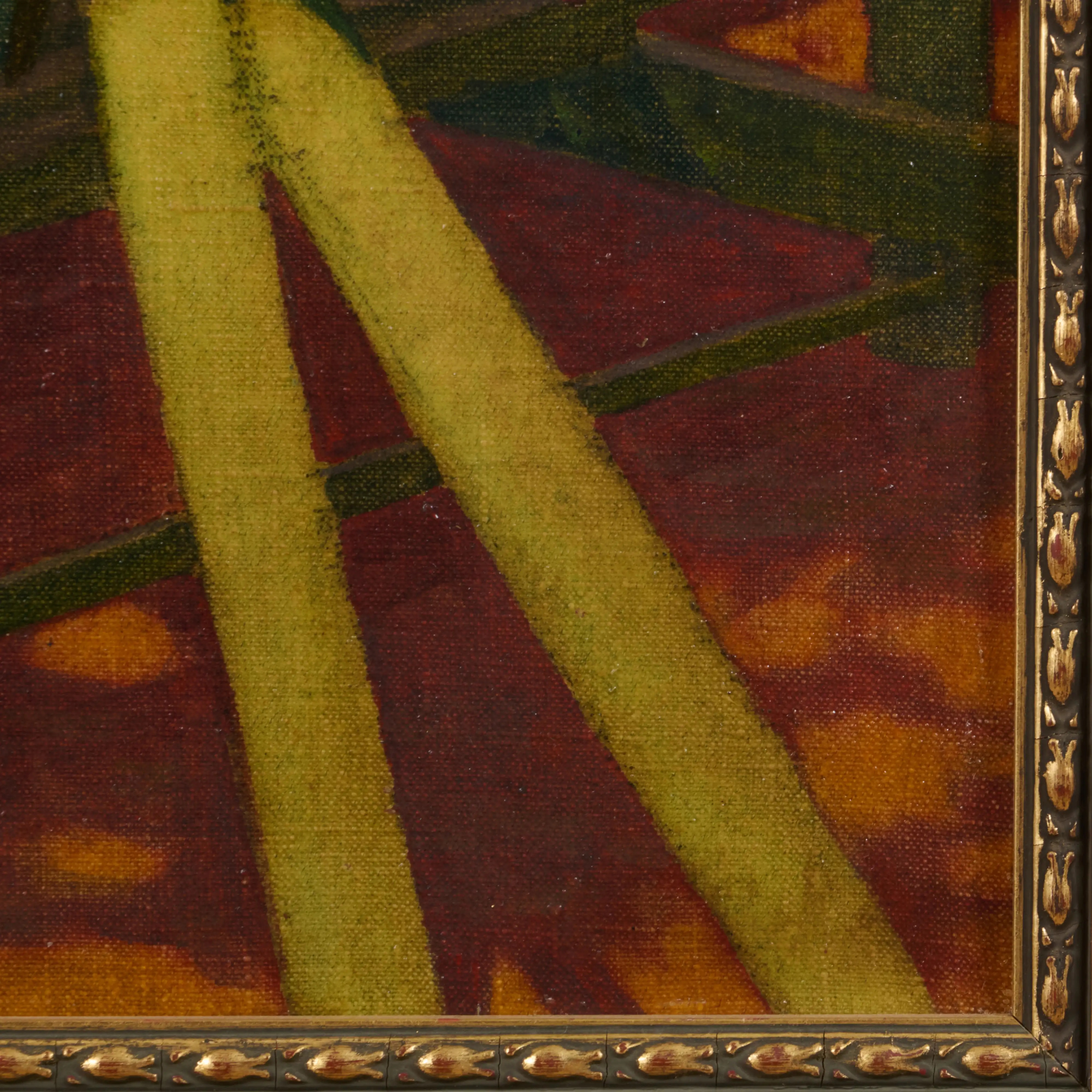 A figure in a long dress sits on a green chair under a pergola, surrounded by autumn leaves.