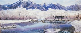 A serene winter landscape painting featuring a herd of deer crossing a river with snow-capped mountains in the background.