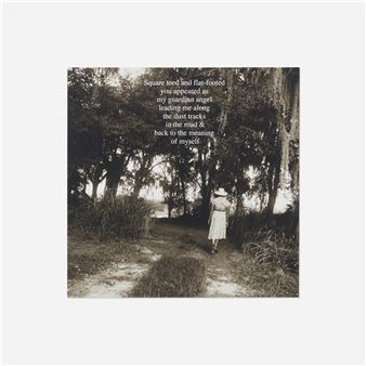 A sepia-toned photograph of a person walking away down a tree-lined path with overlaid text.