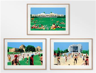 A triptych of framed prints depicting vibrant outdoor scenes with people and large buildings.