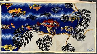 A rectangular textile featuring a vibrant underwater scene with stylized fish and tropical leaves.