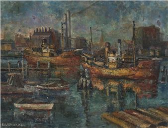 A moody harbor scene featuring two large fishing boats docked in a dimly lit industrial waterfront.