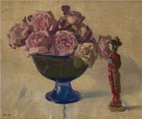 Bowl of Roses and Japanese Figurine - Frederick Leist
