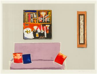 A colorful interior scene featuring a purple sofa with vibrant pillows and two distinct framed artworks on the wall.