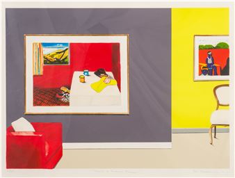 A colorful interior scene featuring a large framed picture on a gray wall, with a red chair and another artwork in the background.