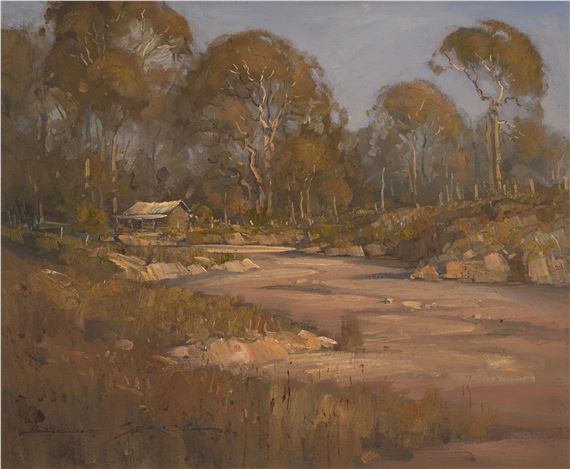 A serene landscape painting of a riverbank with a small hut nestled among tall trees.