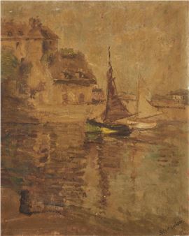 A moody impressionist seascape featuring a small sailboat on a calm river with houses on the distant bank.