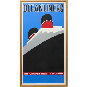 A stylized maritime poster featuring a large ship's bow and smokestacks against a blue background.
