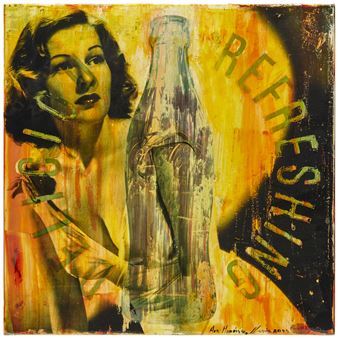 A vintage-style portrait of a woman holding a glass bottle against a vibrant yellow background with bold text.