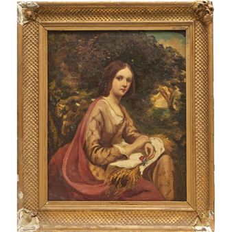 A classical portrait of a seated woman holding a bouquet in an ornate frame.