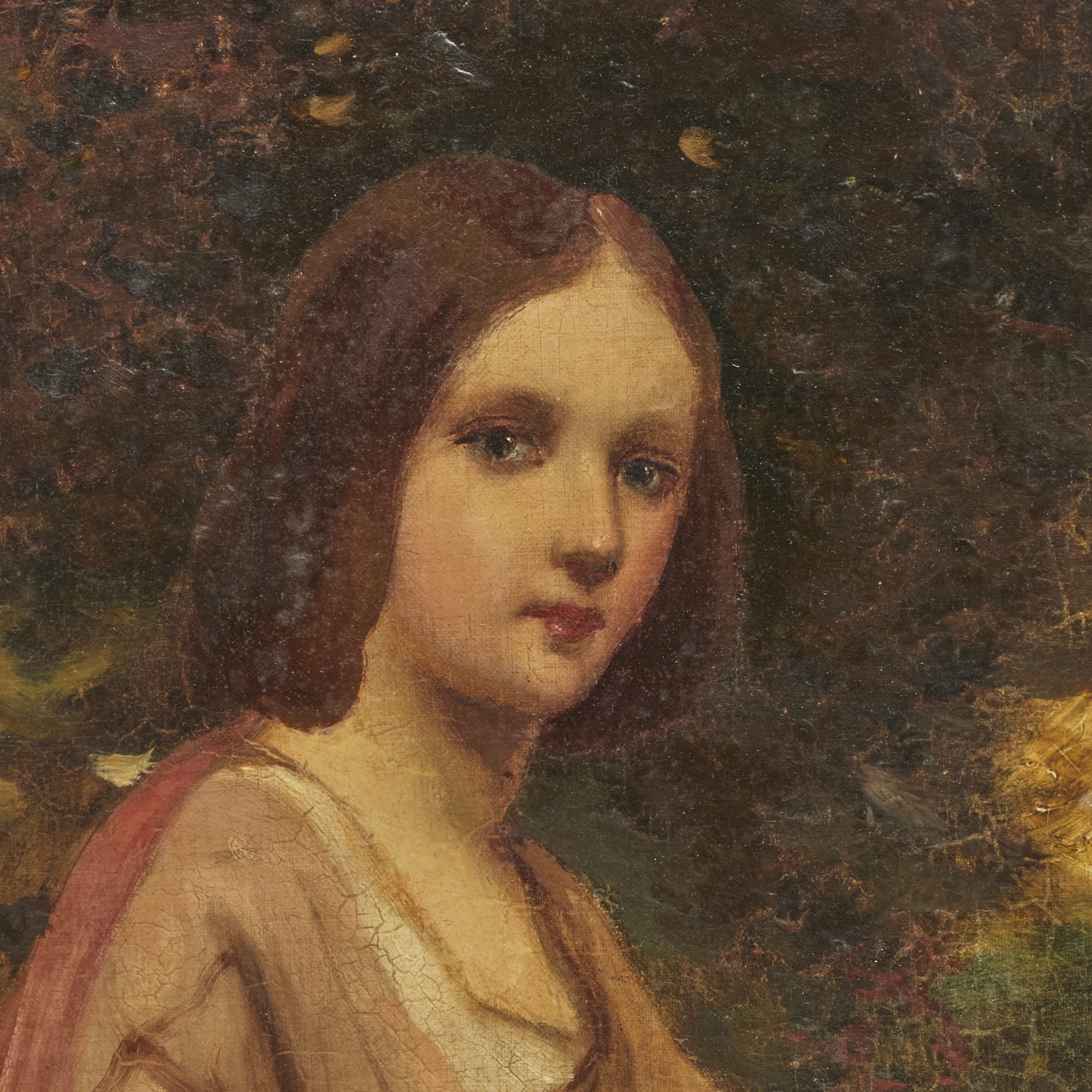 A classical portrait of a seated woman holding a bouquet in an ornate frame.