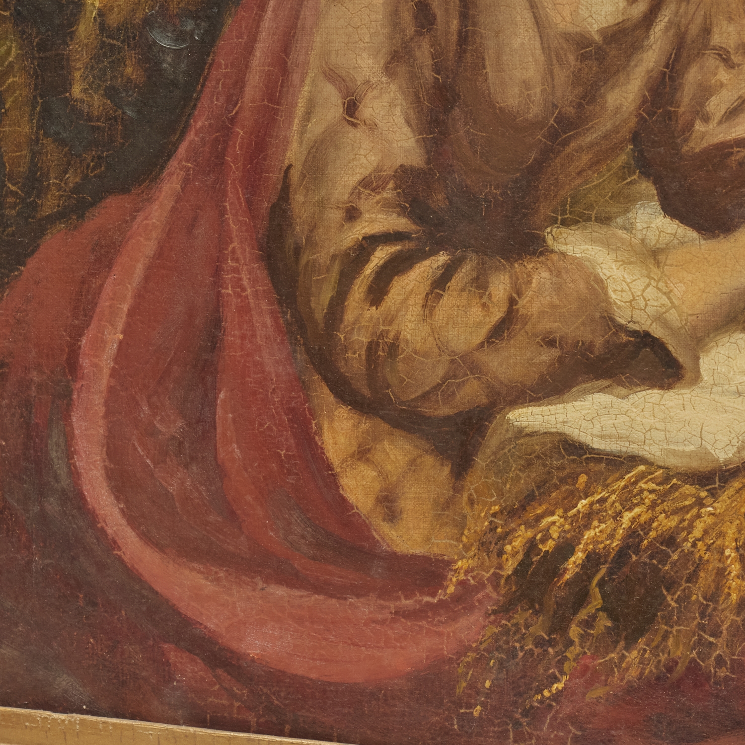 A classical portrait of a seated woman holding a bouquet in an ornate frame.