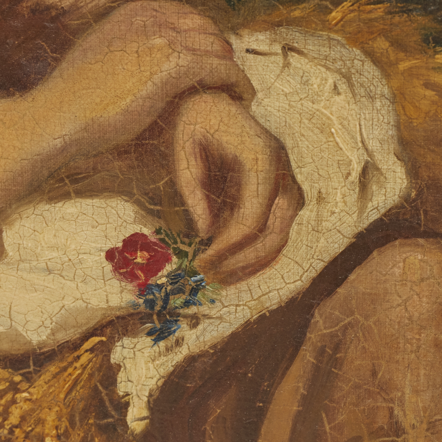 A classical portrait of a seated woman holding a bouquet in an ornate frame.