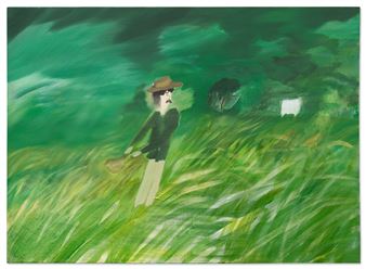 A figure in a hat stands amidst a field of tall, swaying grass under a moody green sky.