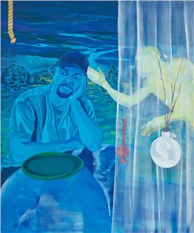 A surreal painting featuring a blue-toned figure in the foreground and a ghostly yellow figure behind a translucent curtain.