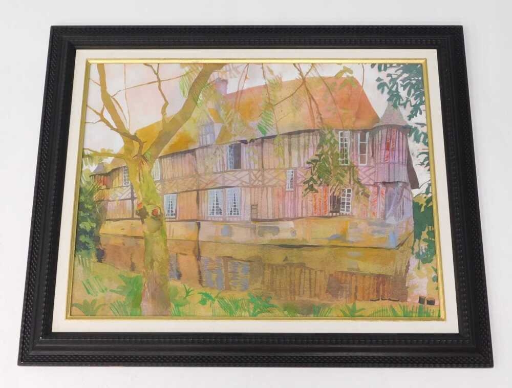 A watercolor painting of a timber-framed house by a riverbank.