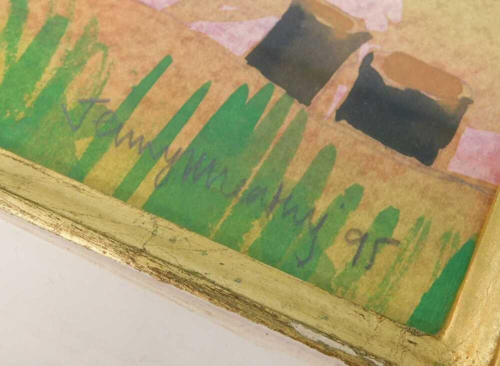 A watercolor painting of a timber-framed house by a riverbank.
