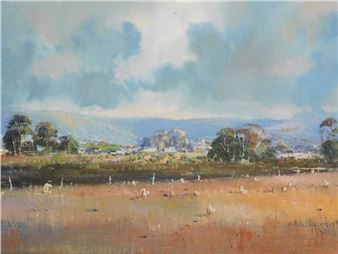 A pastoral landscape painting featuring a flock of birds in the foreground with a distant town under a cloudy sky.