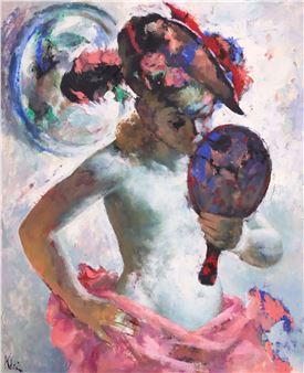 A vibrant, abstract portrait of a figure in a pink skirt holding a mirror.