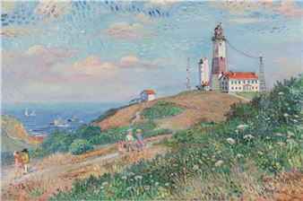 A vibrant Impressionist seascape featuring a lighthouse on a grassy hill with figures strolling along the path.
