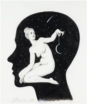 A surreal black-and-white print featuring a nude figure inside a head silhouette against a starry background.