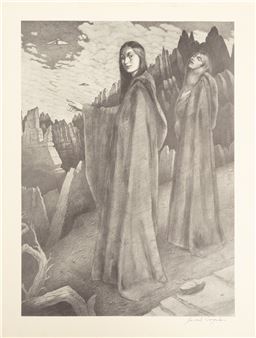 A monochromatic etching of two robed figures standing on a rocky outcrop, gazing upward toward a distant flying saucer.
