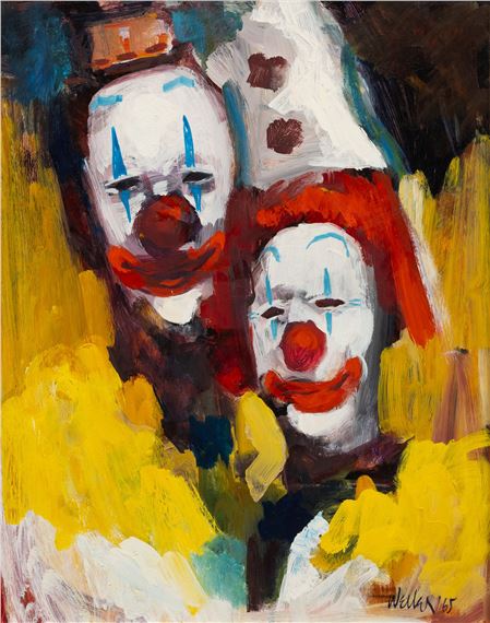 A vibrant painting of two clown figures with exaggerated features and a bold, abstract style.