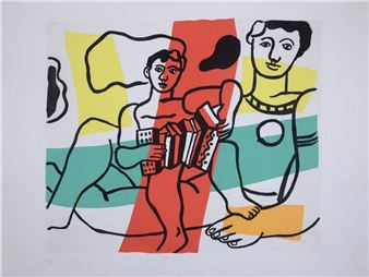 A bold, graphic print featuring two stylized figures against a vibrant, geometric background.