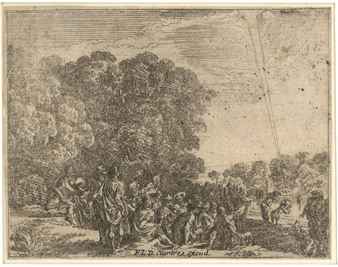A woodcut print depicting a crowded outdoor scene with figures gathered under trees.