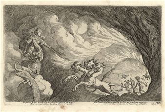 A dramatic etching of a celestial figure descending from clouds toward a chaotic, fiery landscape.