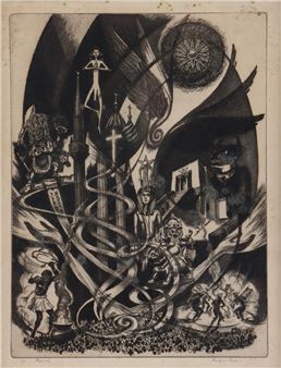 A chaotic black-and-white etching filled with swirling ribbons, religious symbols, and shadowy figures.