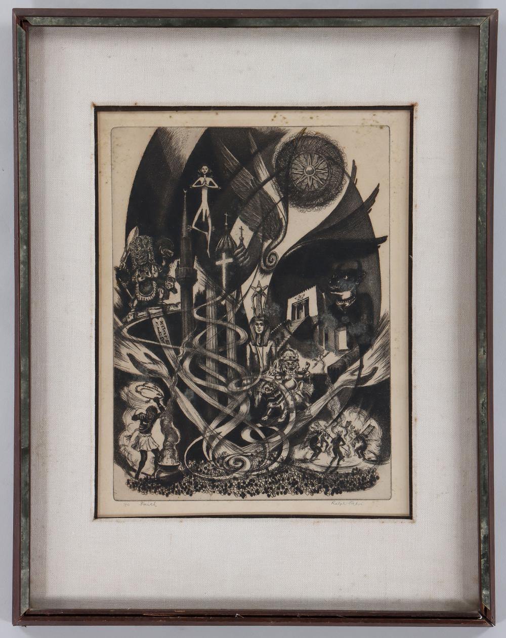 A chaotic black-and-white etching filled with swirling ribbons, religious symbols, and shadowy figures.
