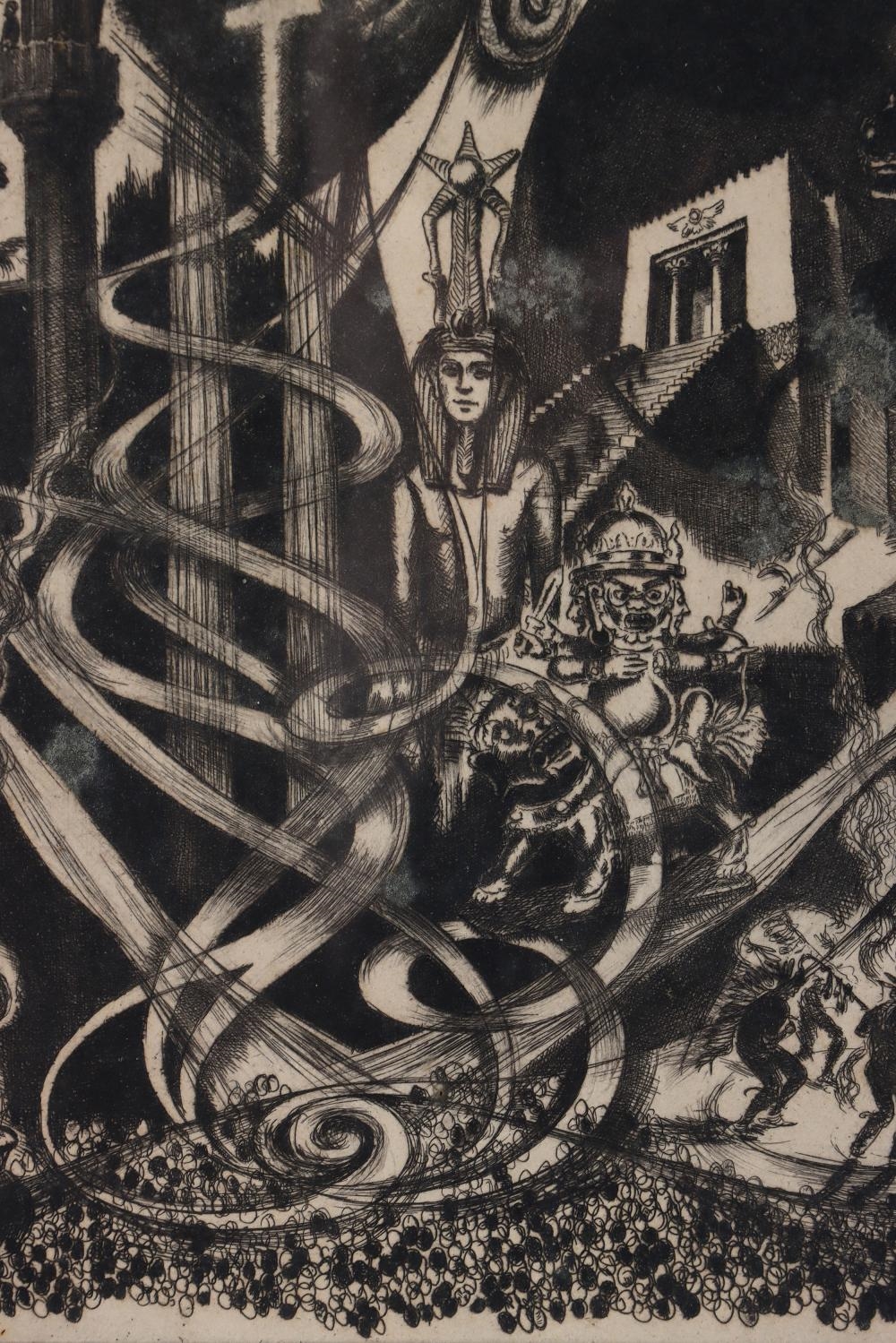 A chaotic black-and-white etching filled with swirling ribbons, religious symbols, and shadowy figures.