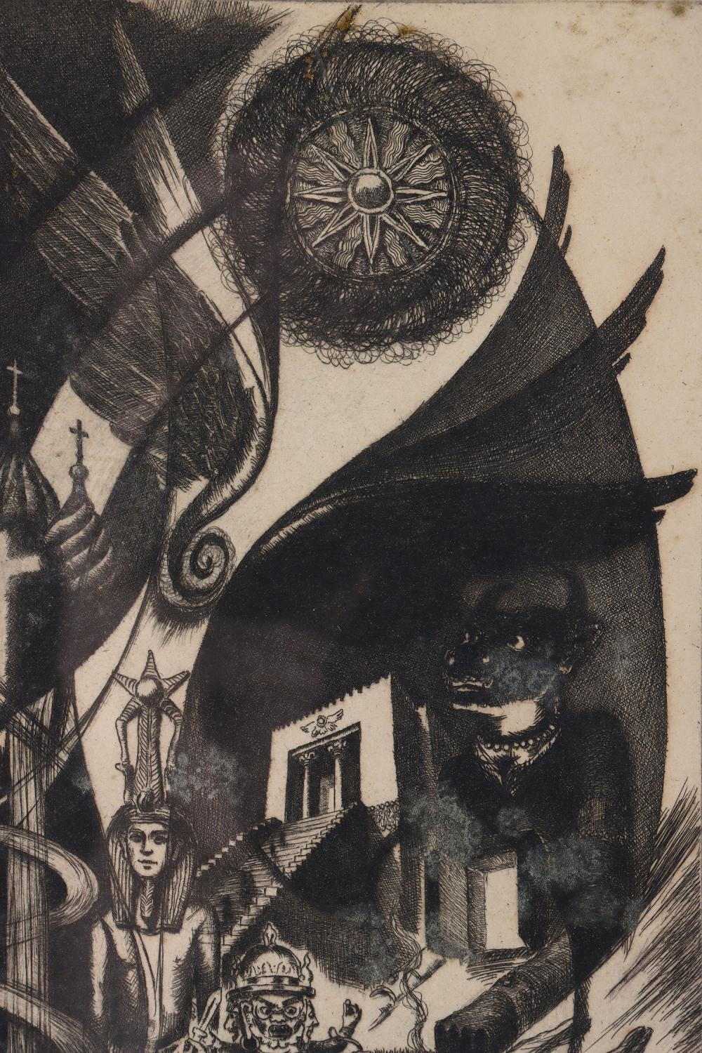 A chaotic black-and-white etching filled with swirling ribbons, religious symbols, and shadowy figures.