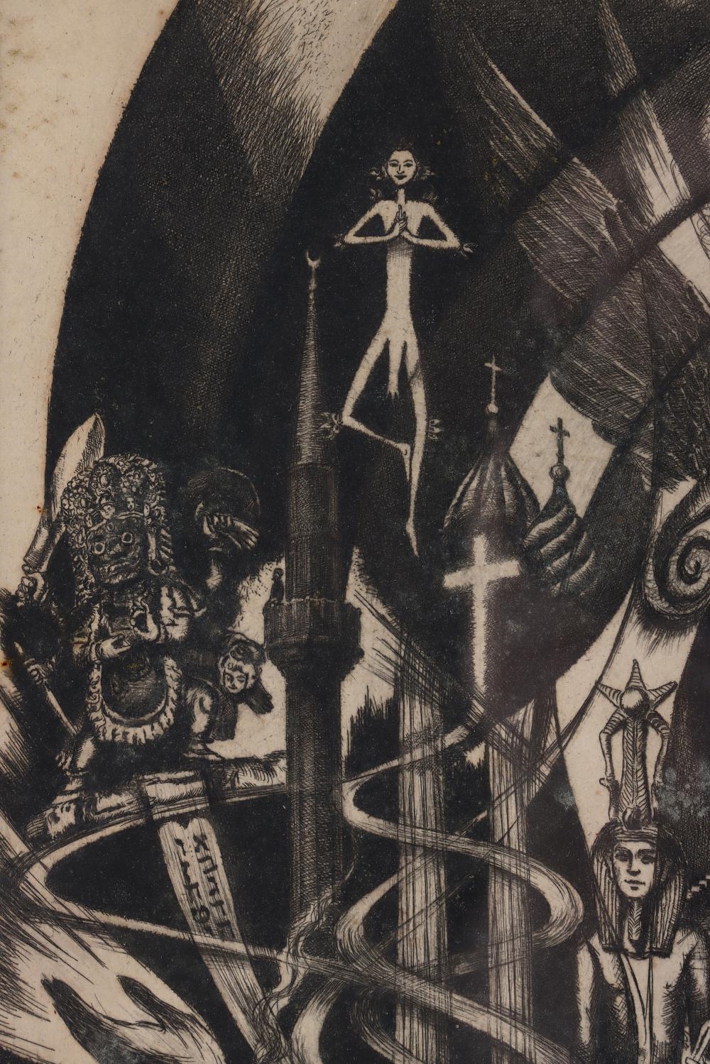 A chaotic black-and-white etching filled with swirling ribbons, religious symbols, and shadowy figures.