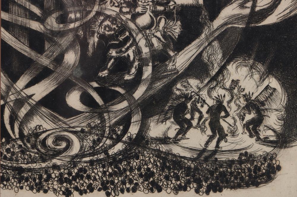 A chaotic black-and-white etching filled with swirling ribbons, religious symbols, and shadowy figures.