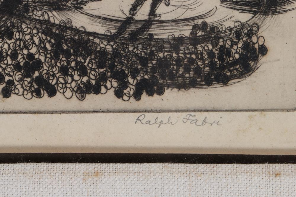 A chaotic black-and-white etching filled with swirling ribbons, religious symbols, and shadowy figures.