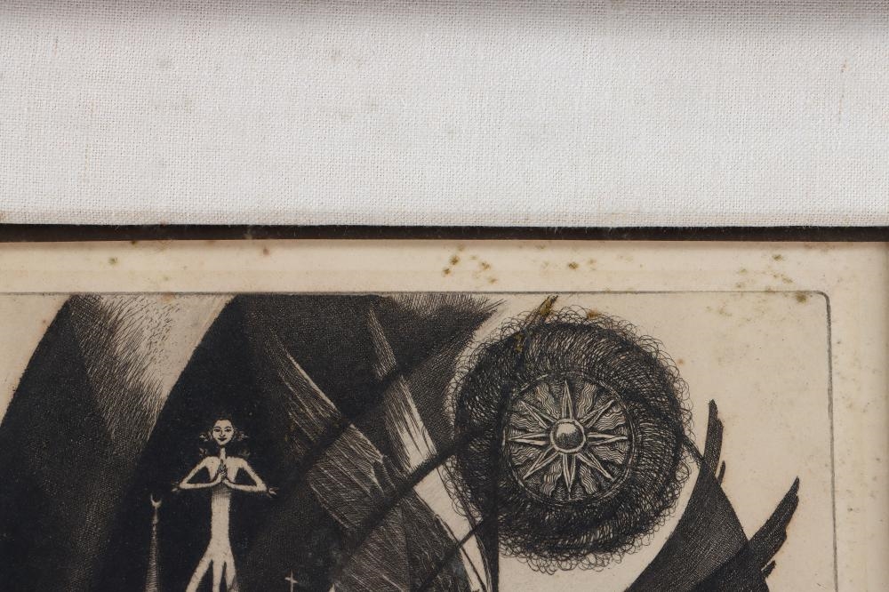 A chaotic black-and-white etching filled with swirling ribbons, religious symbols, and shadowy figures.