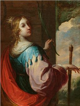 A classical portrait of a crowned figure in royal robes holding a bow and sword, gazing upward toward the sky.
