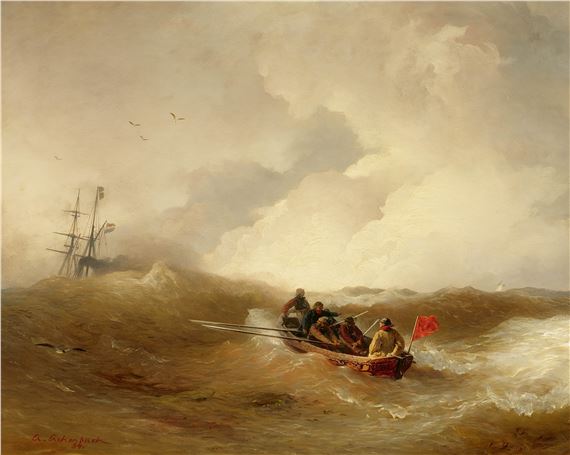 A dramatic seascape painting featuring a small rowing boat battling rough waves with a large ship in the distance.