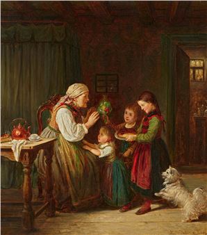 A warm, intimate scene of a woman and three children sharing a moment around a table in a rustic interior.