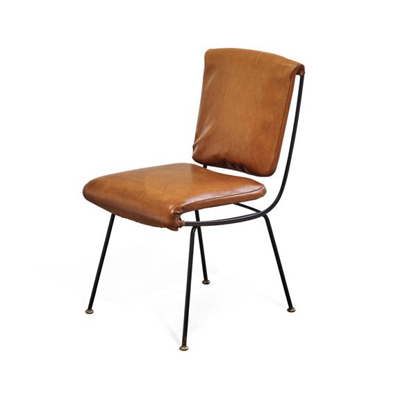 A modern chair with a brown leather seat and backrest supported by a black metal frame.