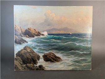 A seascape painting depicting a turbulent ocean crashing against rocky cliffs under a hazy sky.