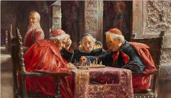 A tense moment of chess between four robed figures in a dimly lit interior.