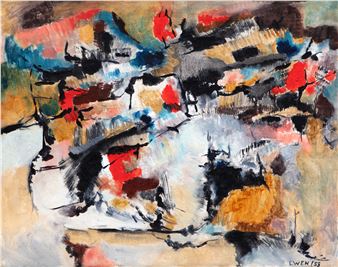 An abstract composition of layered brushstrokes in bold colors.