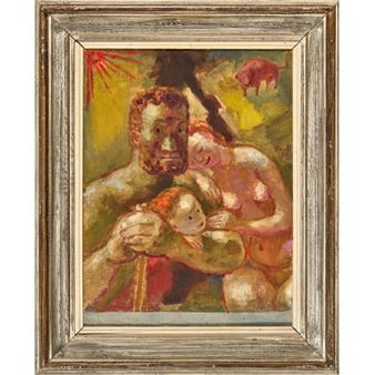 A raw, expressionist painting of a muscular figure holding a small child against a vibrant, abstract background.