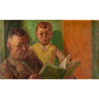 A painted scene of an adult and a child reading together.