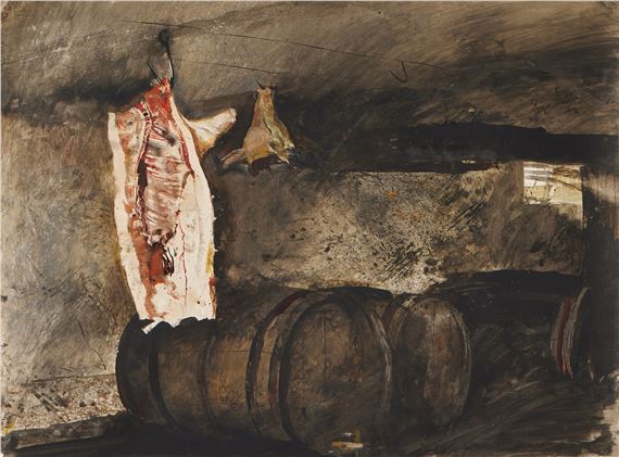 A raw, visceral still life of butchered meat hanging in a dimly lit cellar.