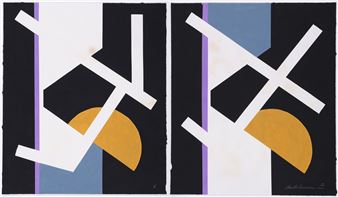 A symmetrical abstract composition featuring bold geometric shapes against a dark background.