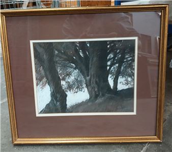 A framed watercolor painting of gnarled tree trunks against a snowy background.